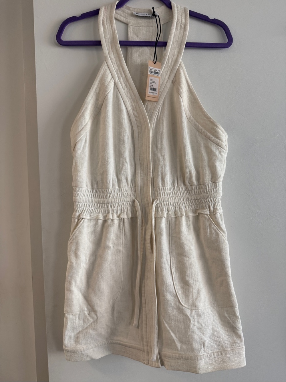 Rebecca Minkoff Off-White Textured V-Neck Tank with Drawstring Waist